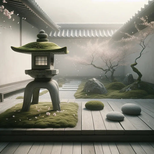 A moss-covered stone lantern beside a raked zen garden path under soft morning light with drifting cherry blossom petals, minimalist and serene Japanese scene.