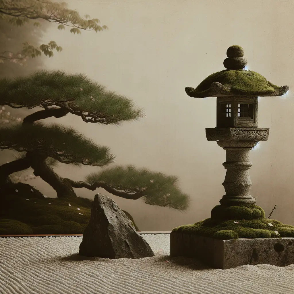 Minimalist Japanese scene with a moss-covered stone lantern beside a raked zen garden under soft mist and morning light, accented with gentle cherry blossom petals.