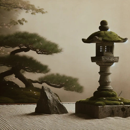 Minimalist Japanese scene with a moss-covered stone lantern beside a raked zen garden under soft mist and morning light, accented with gentle cherry blossom petals.