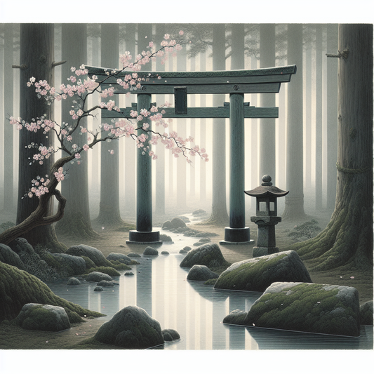 A quiet traditional Japanese scene with a moss-covered torii gate by a gentle stream and a delicate sakura branch with drifting petals, evoking serene cultural elegance.