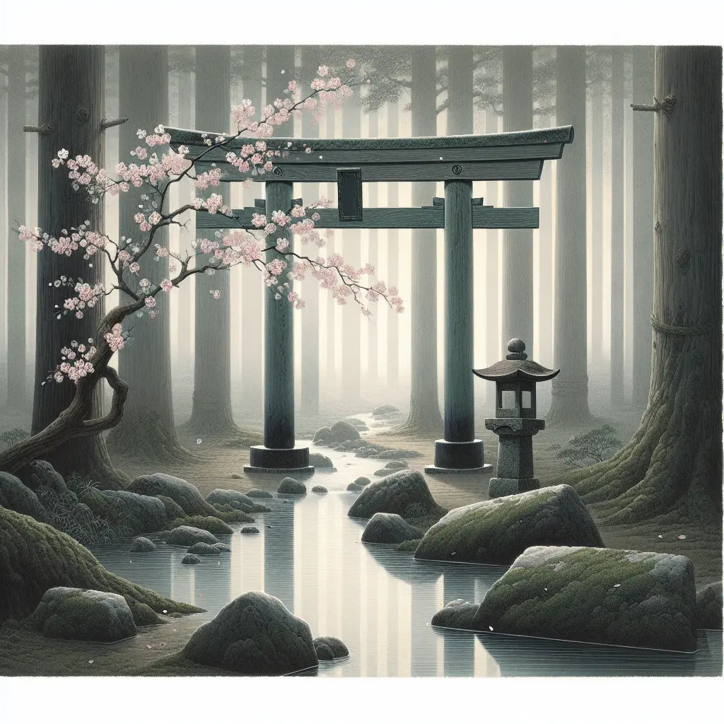A quiet traditional Japanese scene with a moss-covered torii gate by a gentle stream and a delicate sakura branch with drifting petals, evoking serene cultural elegance.