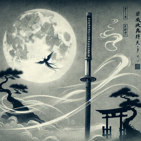 A minimalist traditional Japanese style painting of a Muramasa katana glowing softly under moonlight with swirling ethereal spirits in simple brushstrokes, evoking mystical folklore.