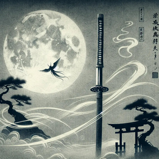 A minimalist traditional Japanese style painting of a Muramasa katana glowing softly under moonlight with swirling ethereal spirits in simple brushstrokes, evoking mystical folklore.