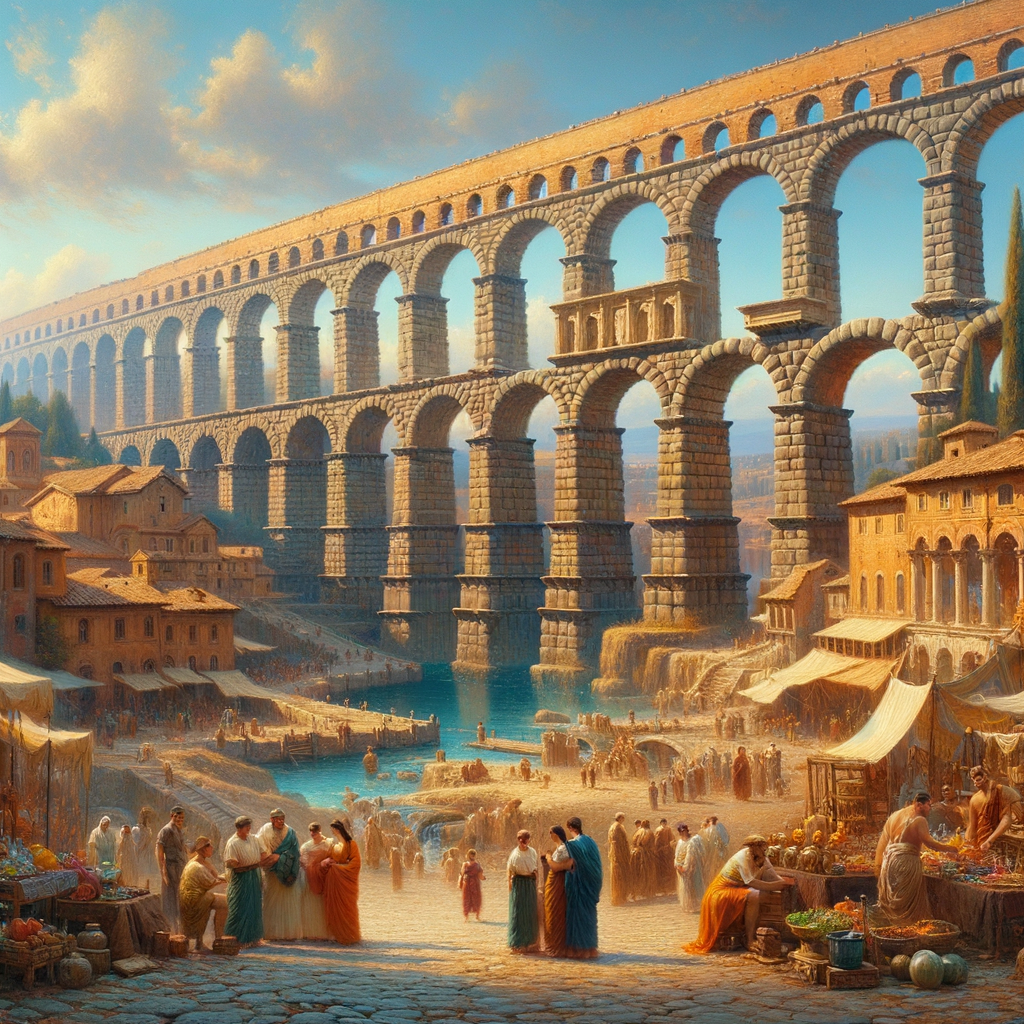 Roman aqueduct with grand arches under a bright blue sky, set against a lively ancient Rome, inspired by 1960s historical film aesthetics.