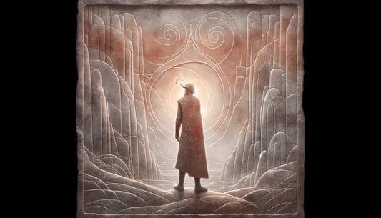 schemenhafte figur am rand nordischer landschaft asgard schwach leuchtend steinrelief stil