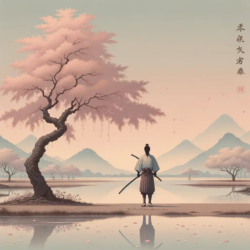 Ein einsamer Samurai unter einem blühenden Kirschbaum, vor einer entfernten Bergkulisse, mit sanftem Licht und ruhigen Farben in einer traditionellen japanischen Szene.