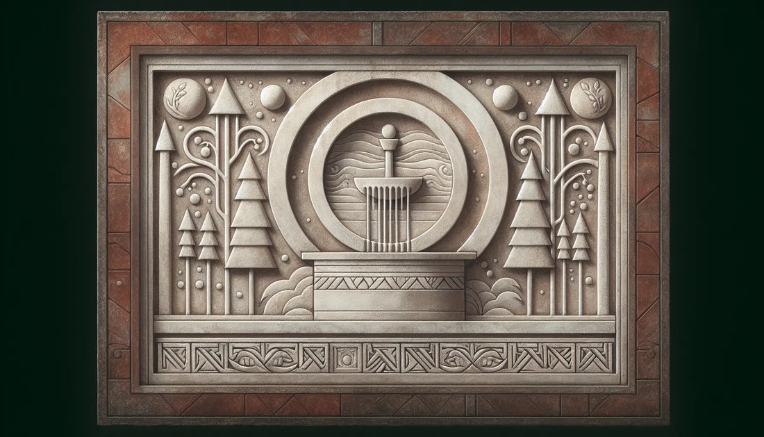 Steinerner Brunnen inspiriert von nordischer Mythologie umgeben von Baeumen und Nebel in antiker steinoptik