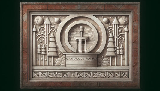 Steinerner Brunnen inspiriert von nordischer Mythologie umgeben von Baeumen und Nebel in antiker steinoptik