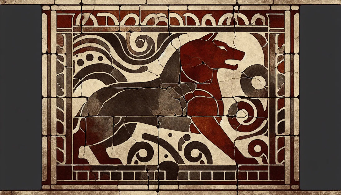 Fragment eines steinernen Reliefs mit stilisiertem Wolfskopf und Symbol fuer Staerke in roemischem Stil auf hellem Hintergrund