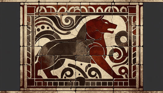 Fragment eines steinernen Reliefs mit stilisiertem Wolfskopf und Symbol fuer Staerke in roemischem Stil auf hellem Hintergrund