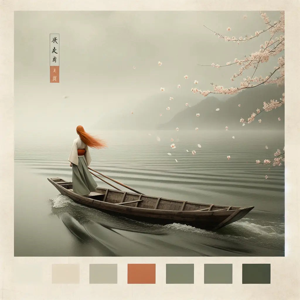 A serene Japanese-style depiction of a woman with flowing muted orange hair on a boat amidst gentle waves, framed by cherry blossom petals and subtle samurai motifs, minimalistic and culturally inspired.