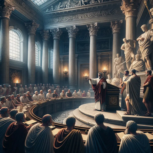 Augustus leading the Roman Senate, showcasing a historical representation of ancient Rome's political life.