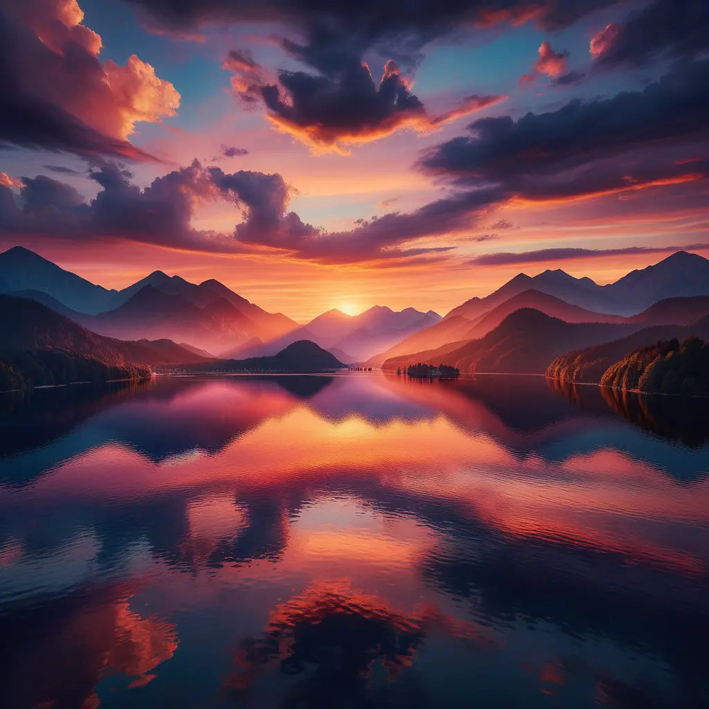Sunset over a lake with mountains in the background.