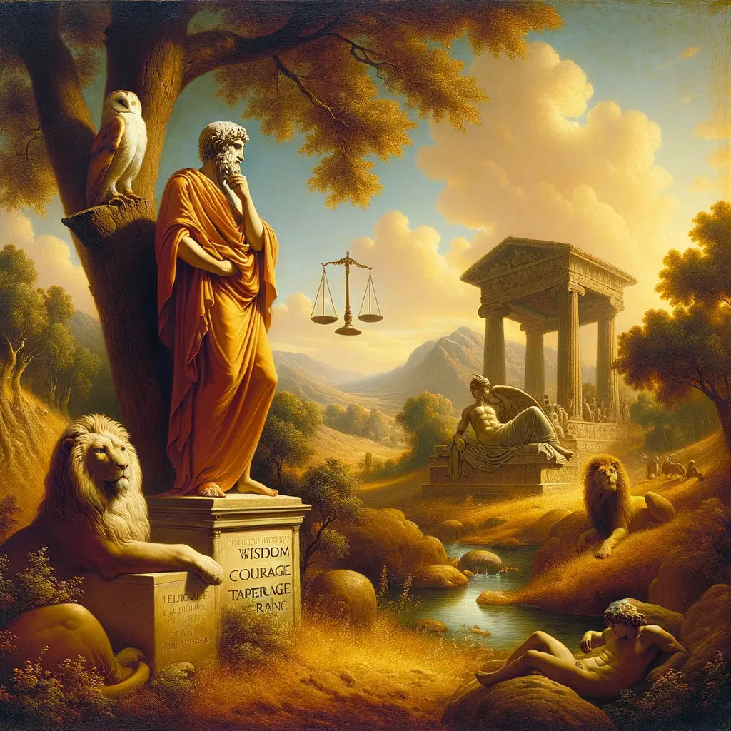 A thoughtful philosopher in a tranquil Roman landscape with symbols of Stoic virtues, inspired by 1960s historical films.