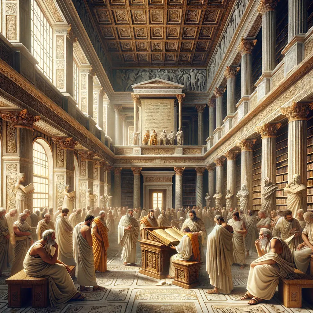 Toga-clad philosophers in an ancient Athenian library, engaged in discussion under tall arched windows, inspired by 1960s historical epic films.