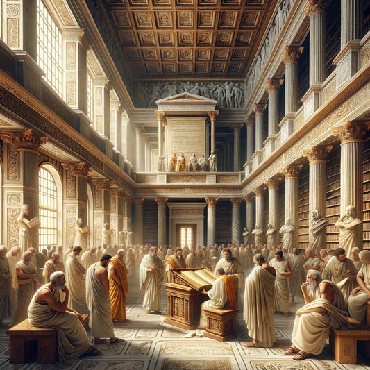 Toga-clad philosophers in an ancient Athenian library, engaged in discussion under tall arched windows, inspired by 1960s historical epic films.