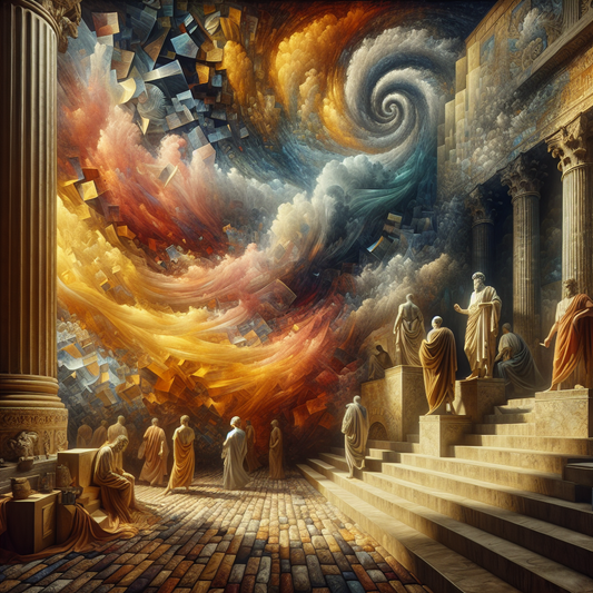 Nietzsche portrayed in a Roman-inspired epic setting, embodying vibrant chaos against Stoicism's calm.