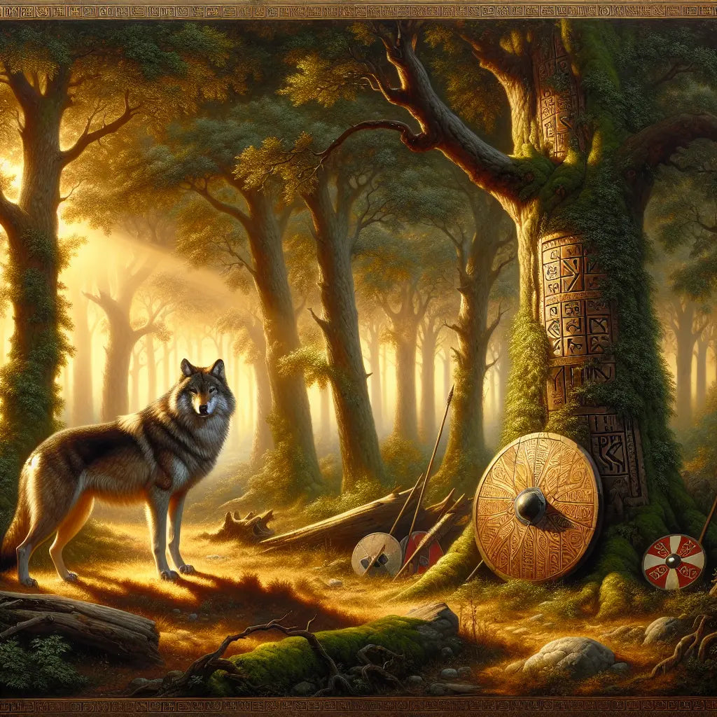 A noble wolf stands majestically in an ancient Germanic forest with subtle Viking shield motifs and runic symbols in the background, rendered in a cinematic 1960s Roman historical epic painting style.