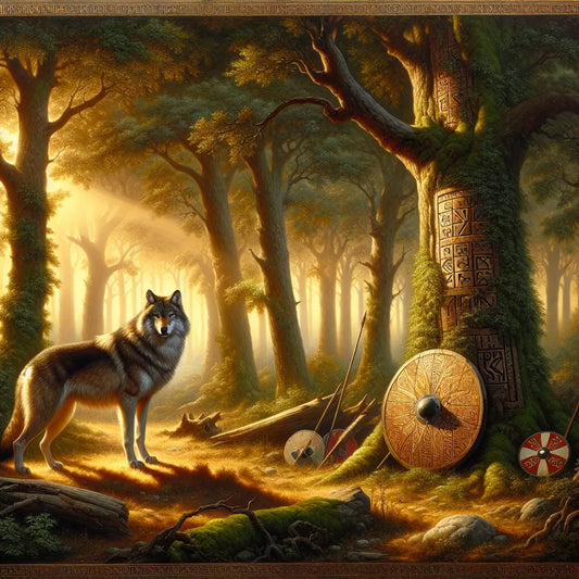 A noble wolf stands majestically in an ancient Germanic forest with subtle Viking shield motifs and runic symbols in the background, rendered in a cinematic 1960s Roman historical epic painting style.