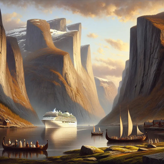 A luxurious modern cruise ship sailing through majestic Nordic fjords with towering cliffs and calm reflective waters, under a serene sky evoking Viking heritage.
