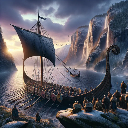 A panoramic cinematic painting showing towering snow-covered fjords, a Viking longship sailing in the foreground under a dramatic twilight sky, inspired by 1960s historical epics.