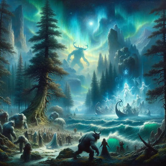 Mystical Nordic landscape with ancient forest trolls, Alfheim elves, and oceanic sea monsters under aurora borealis.