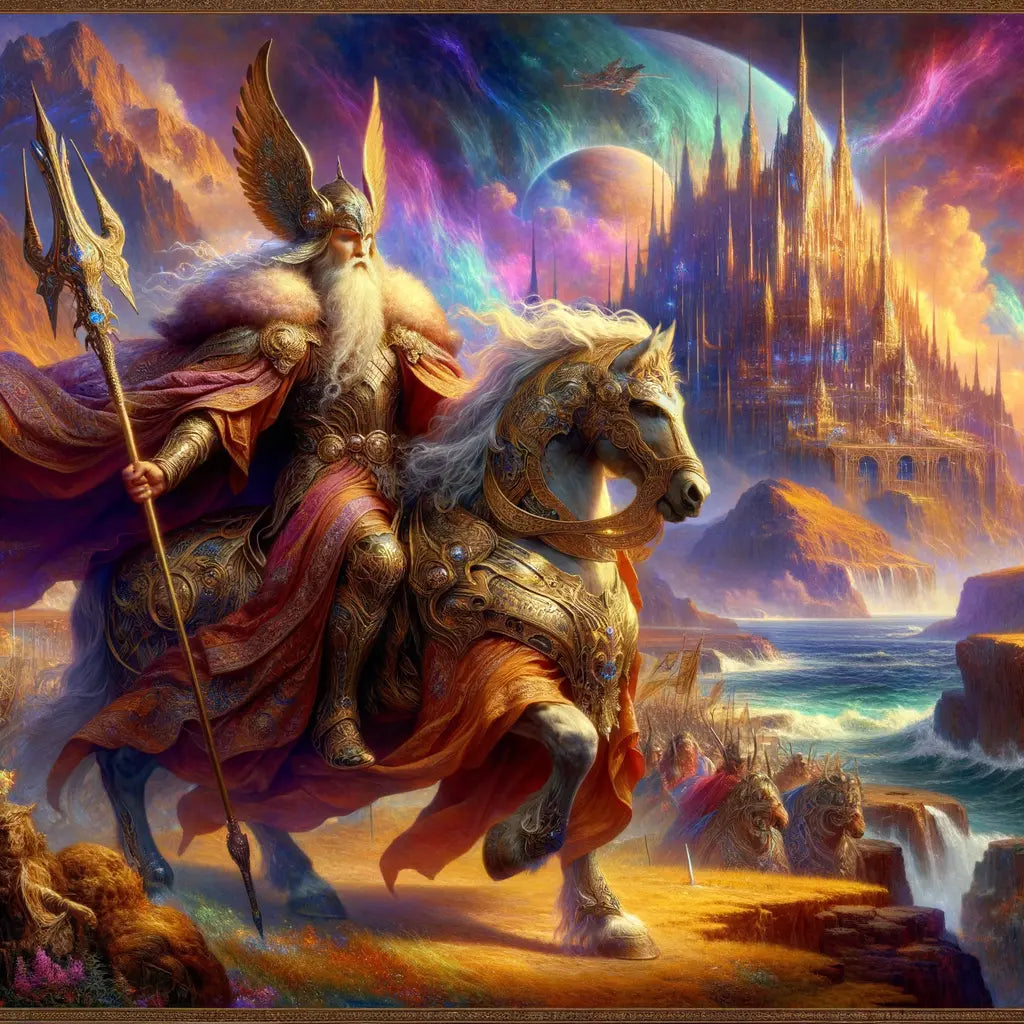 Odin riding Sleipnir against the backdrop of Asgard and Midgard, styled like 1960s mythological films.