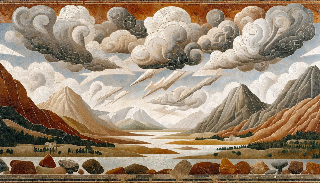 nordische landschaft mit donner und kraft symbolik in steinrelief und erdigen roetonen