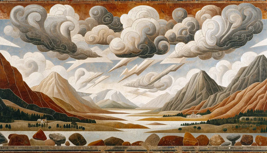 nordische landschaft mit donner und kraft symbolik in steinrelief und erdigen roetonen