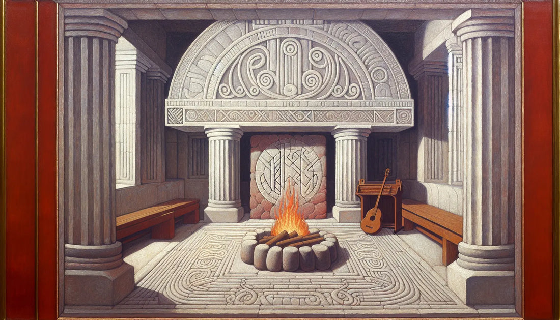 Fragment eines steinernen nordischen Hallsymbols mit Feuer und Runenmotiven auf hellem Hintergrund im Signum Stil