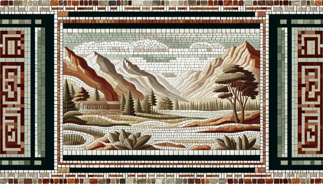 Fragment einer nordischen Landschaft in erdigen Toenen als roemisches Mosaik mit Ziegelrot und Tiefgrau auf hellem Stein