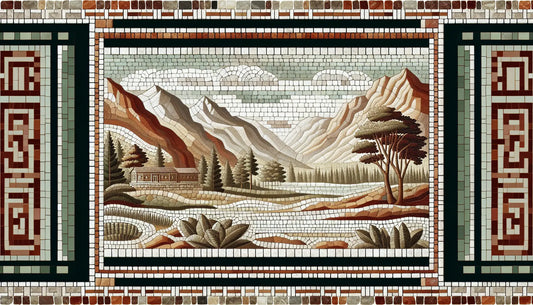 Fragment einer nordischen Landschaft in erdigen Toenen als roemisches Mosaik mit Ziegelrot und Tiefgrau auf hellem Stein