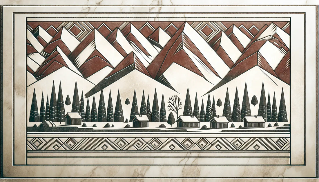 Nordische Landschaft als steinernes Relief mit Kiefern Bergen und Dorf in ruhiger antiker Gestaltung