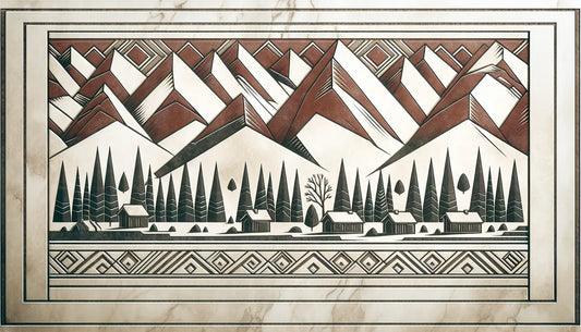 Nordische Landschaft als steinernes Relief mit Kiefern Bergen und Dorf in ruhiger antiker Gestaltung