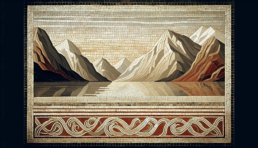 ruhige nordische landschaft bei daemmerung mit verschlungenen symbolischen fadenmotiven in antikem mosaik