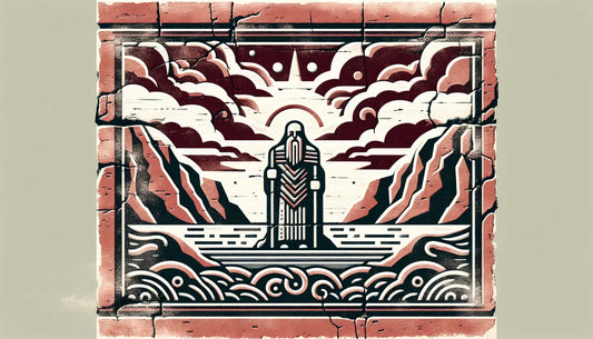 Steinrelief eines nordischen Gottes in stylisierter mythologischer Landschaft mit Licht und Schatten in rotem und grauem Ton auf hellem Grund