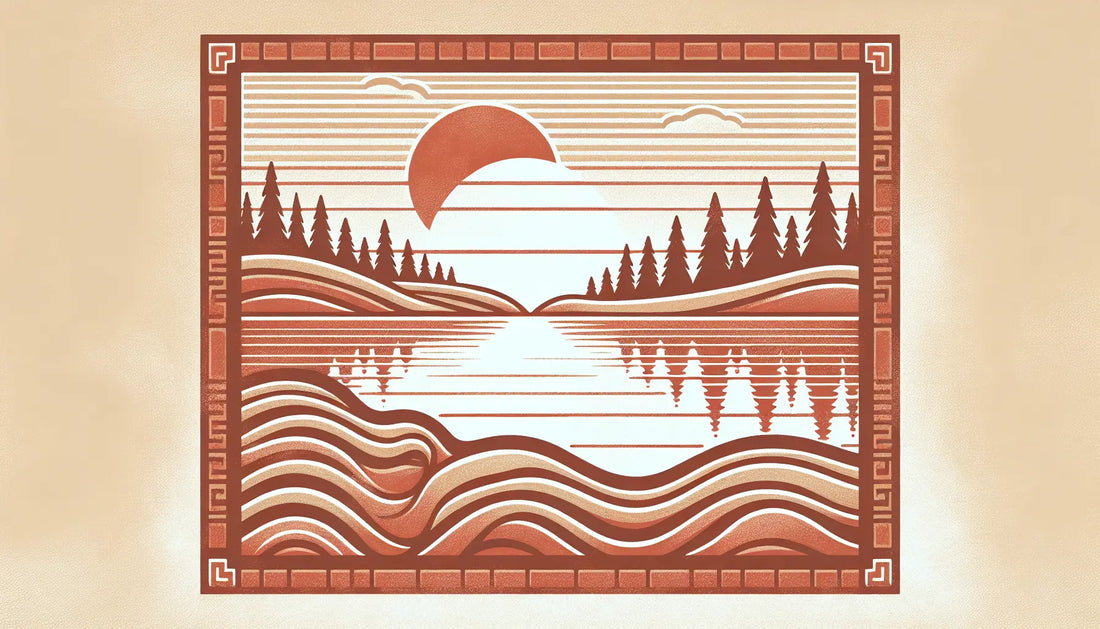 Relief eines nordischen Sees bei Daemmerung in antikem steinrelief mit roten Linien auf hellem hintergrund