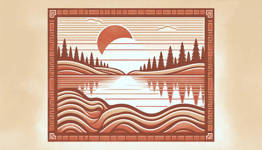 Relief eines nordischen Sees bei Daemmerung in antikem steinrelief mit roten Linien auf hellem hintergrund