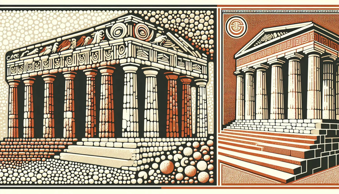 Innenraum eines nordischen Gottestempels mit griechischem Tempel aussen in steinrelief und mosaik mit erdtonen
