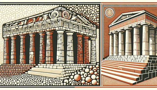 Innenraum eines nordischen Gottestempels mit griechischem Tempel aussen in steinrelief und mosaik mit erdtonen