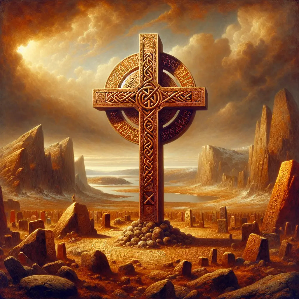A richly detailed Norse Cross featuring Viking knotwork and Christian symbols, set against a warm-toned Nordic landscape with softly glowing ancient runes around it, in the style of a 1960s historical epic painting.
