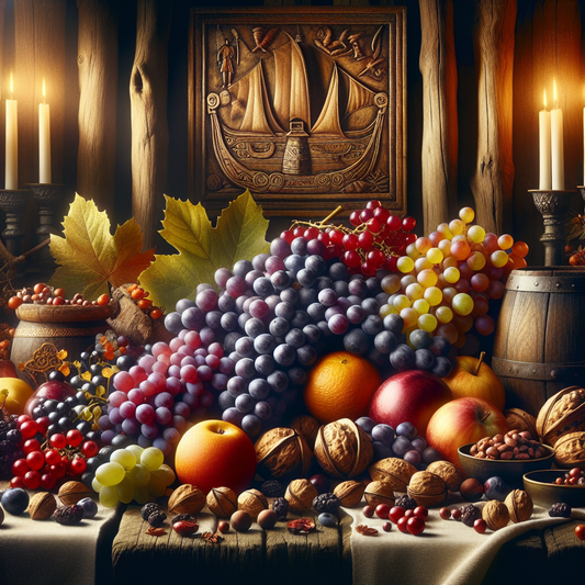 A vivid cinematic painting featuring grapes, berries, tea leaves, and gallnuts surrounded by Norse symbols and Viking ship motifs, evoking nature, health, and Viking heritage.