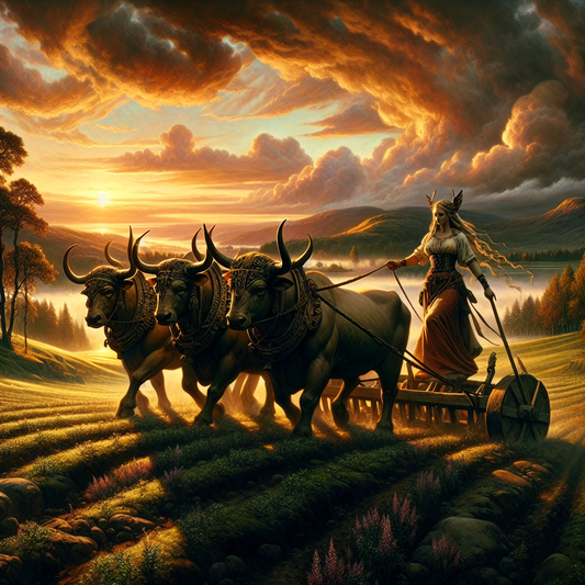 Norse goddess Gefjon at dawn plowing fertile fields with oxen transformed from her sons, in a dramatic realistic Norse landscape.