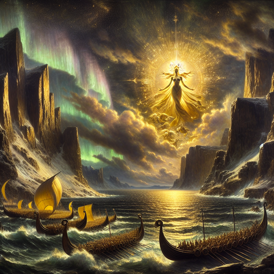 Mythical Norse sun goddess Sól riding a radiant chariot across a dramatic fjord landscape illuminated by northern lights, with Viking longships sailing below, in a cinematic 1960s epic painting style.