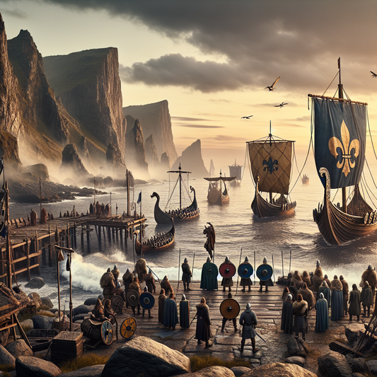 Vibrant cinematic painting depicting Norse Viking ships anchored near a French quay adorned with fleur-de-lis banners and shields, blending Viking craftsmanship and French medieval symbols under a golden dawn sky.