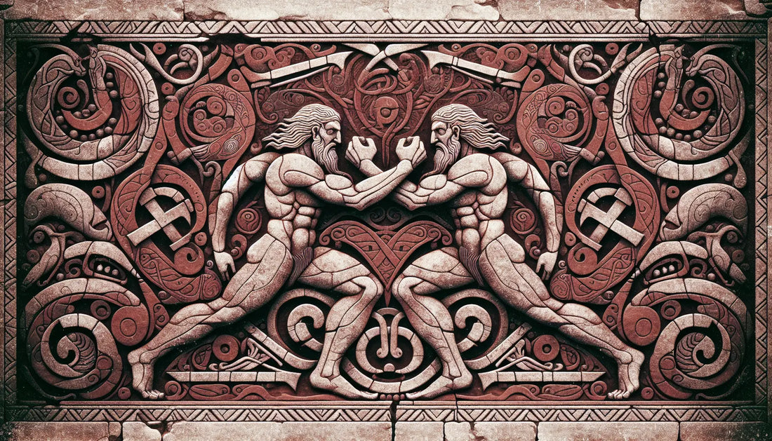 Norse mythical scene carved stone relief with two confronting figures and ancient magical motifs in brick red on light stone background