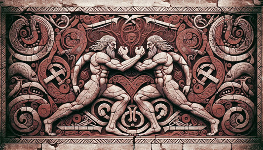 Norse mythical scene carved stone relief with two confronting figures and ancient magical motifs in brick red on light stone background