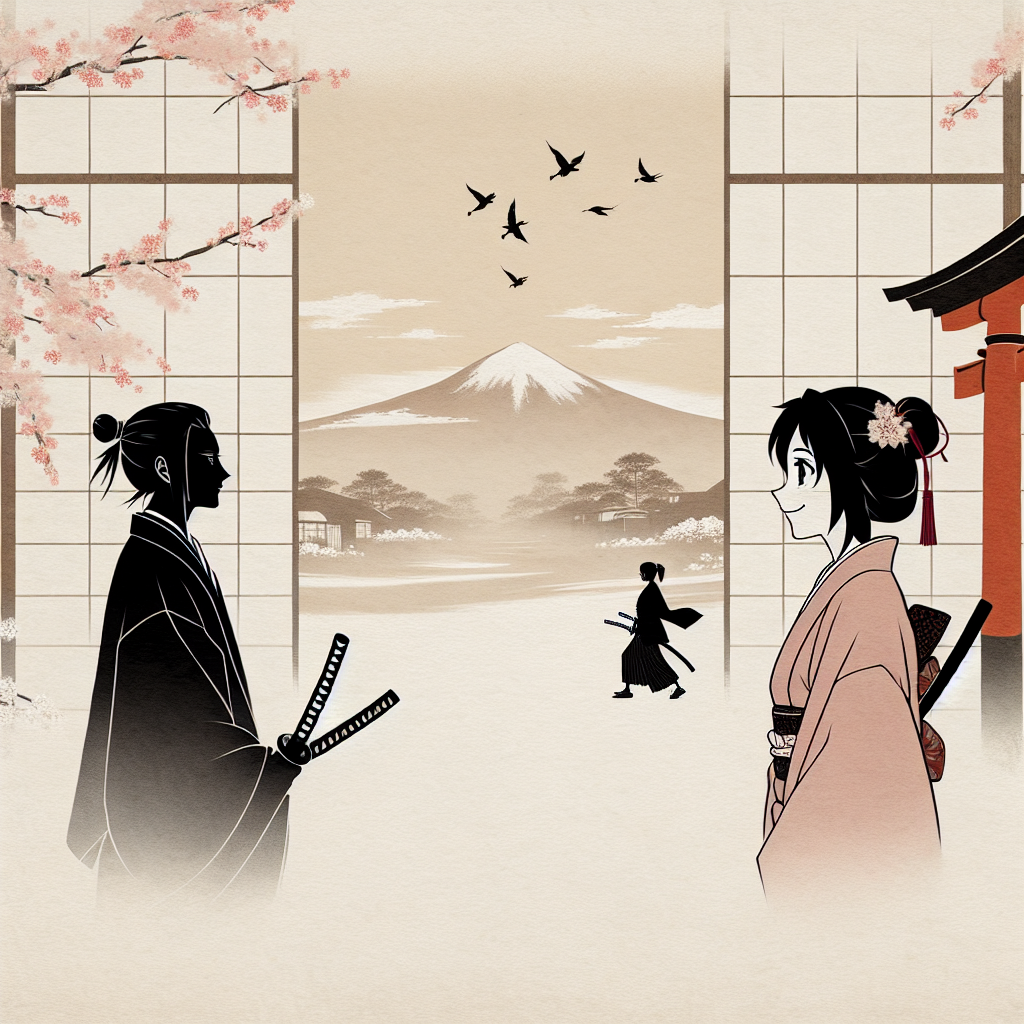 Minimalist Japanese style depiction of two figures inspired by One Piece, one with a katana and another smiling, set against a serene traditional Japanese backdrop with sakura petals and a red torii gate.