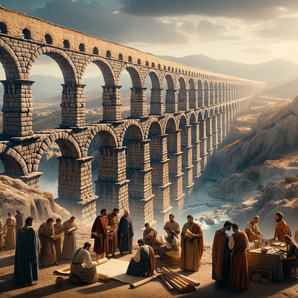 Roman aqueduct archway over a scenic valley with mountains, in a style reminiscent of 1960s historical epics.
