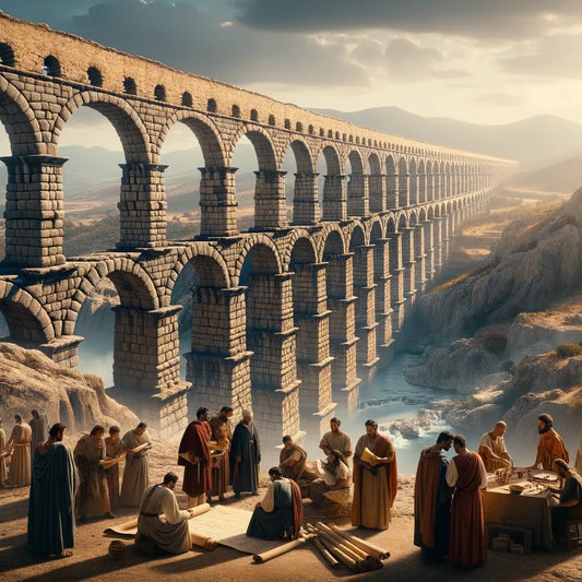 Roman aqueduct archway over a scenic valley with mountains, in a style reminiscent of 1960s historical epics.